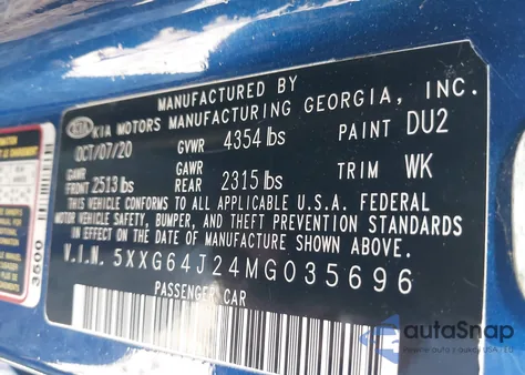 2021 Kia K5 Gt-Line z USA, uszkodzony, nr VIN 5XXG64J24MG035696